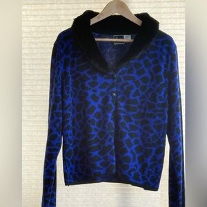 Nina Leonard Lennie Women's Sweater XL Faux Fur Collar Royal Blue Cardigan
